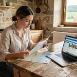 Femme consultant une carte de la Creuse et des annonces de location sur un ordinateur portable dans une cuisine en pierre rustique