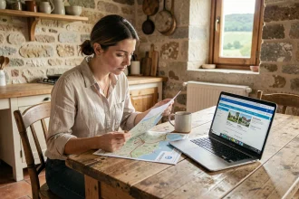 Femme consultant une carte de la Creuse et des annonces de location sur un ordinateur portable dans une cuisine en pierre rustique