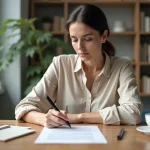 Femme rédigeant une lettre de préavis de résiliation de bail à son bureau à domicile