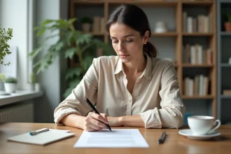 Femme rédigeant une lettre de préavis de résiliation de bail à son bureau à domicile