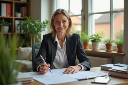 Femme professionnelle vérifiant factures de rénovation