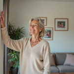 Femme souriante admire la réparation du mur du salon