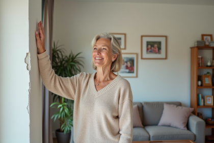 Femme souriante admire la réparation du mur du salon