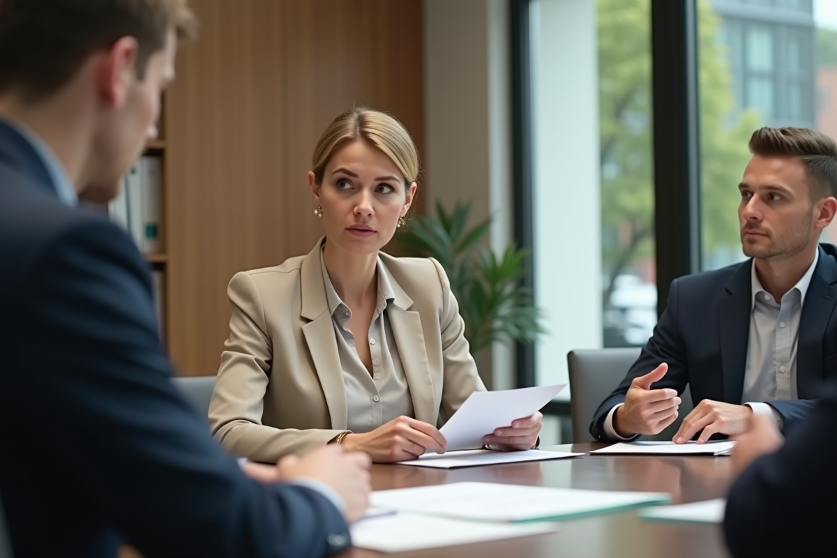 Femme professionnelle en réunion avec collègues autour d une table