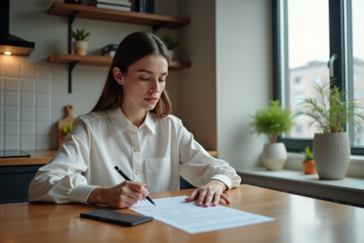 Femme examinant des formulaires dans une cuisine urbaine