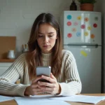 Jeune femme assise avec son smartphone dans une cuisine modeste
