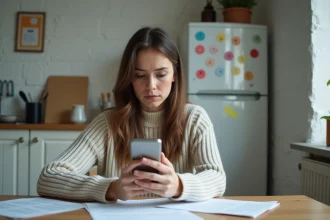 Jeune femme assise avec son smartphone dans une cuisine modeste