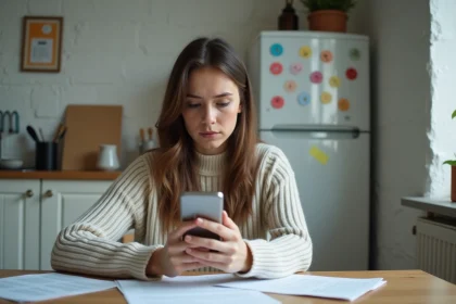 Jeune femme assise avec son smartphone dans une cuisine modeste