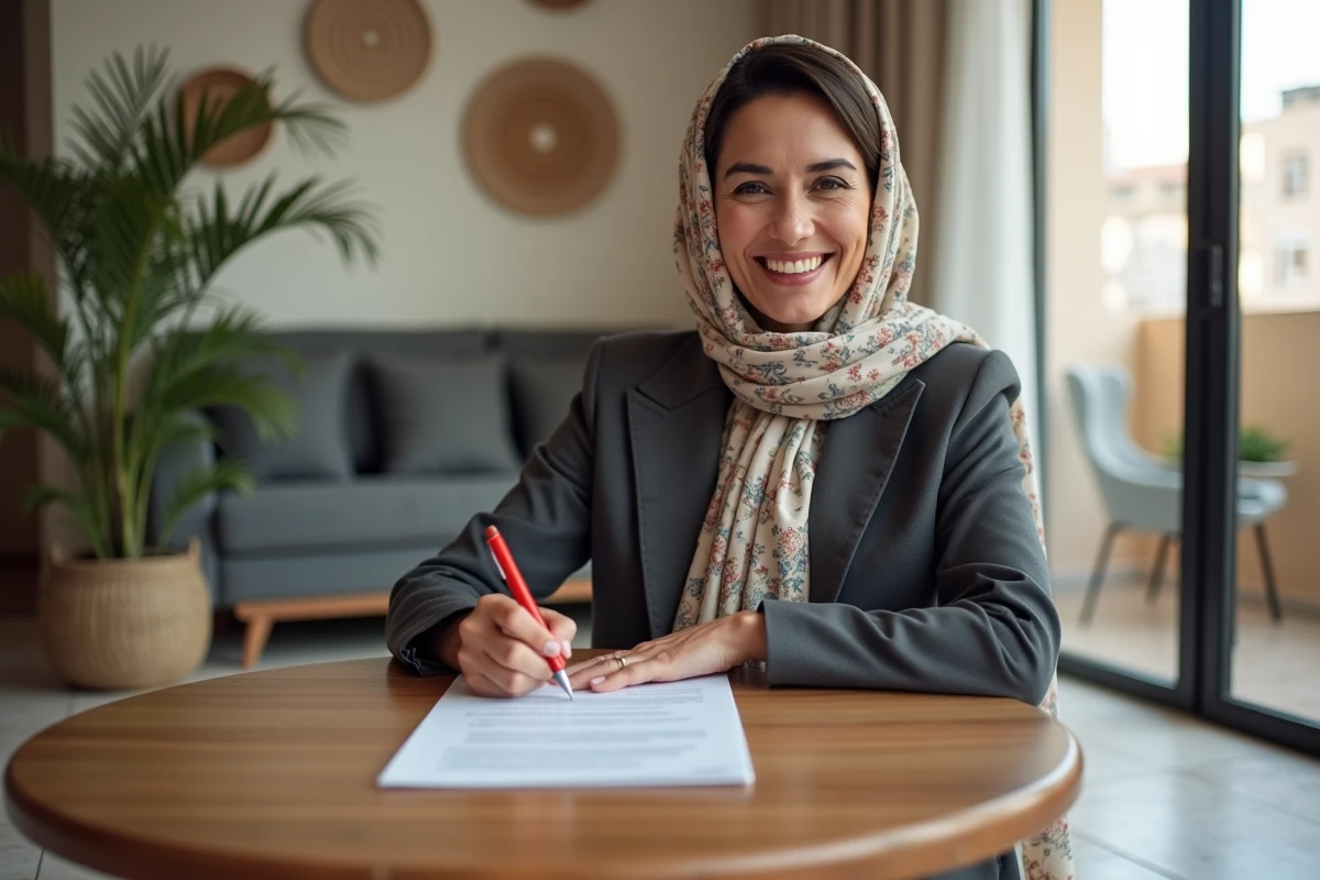 Femme marocaine signant papiers dans salon lumineux