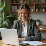 Femme souriante en blazer regardant documents immobiliers