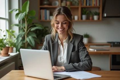 Femme souriante en blazer regardant documents immobiliers