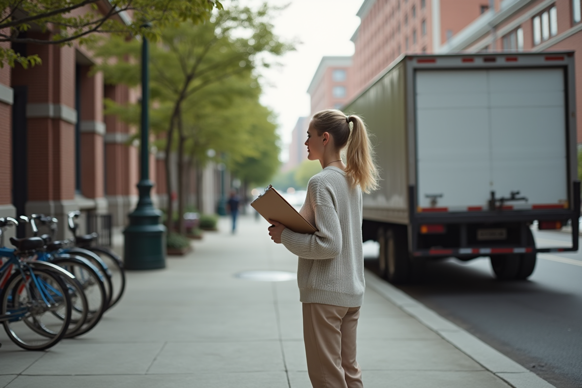 Femme surveillant son nouveau logement devant un camion de déménagement