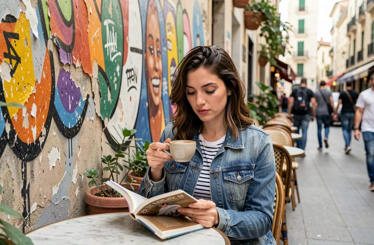 Jeune femme lisant en terrasse de café dans le quartier bohème du Cours Julien à Marseille