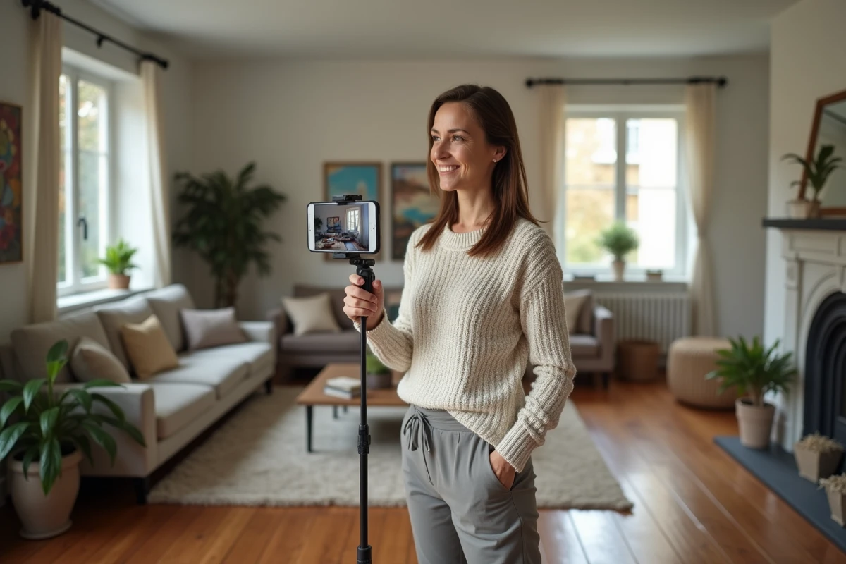 Femme préparant une visite virtuelle avec un smartphone dans le salon