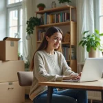 Jeune femme souriante travaillant à son bureau dans un salon lumineux
