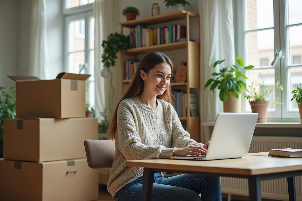 Jeune femme souriante travaillant à son bureau dans un salon lumineux
