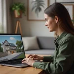 Jeune femme professionnelle regarde une visite virtuelle de maison