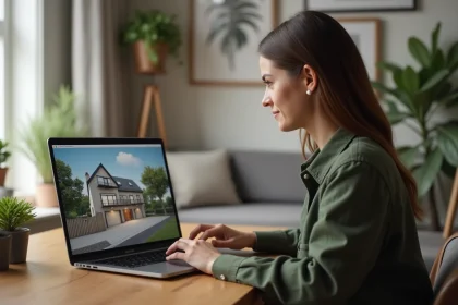 Jeune femme professionnelle regarde une visite virtuelle de maison