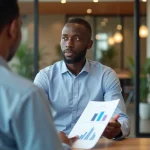 Un homme sénégalais discute d'un financement immobilier avec un conseiller bancaire à Dakar