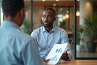 Un homme sénégalais discute d'un financement immobilier avec un conseiller bancaire à Dakar