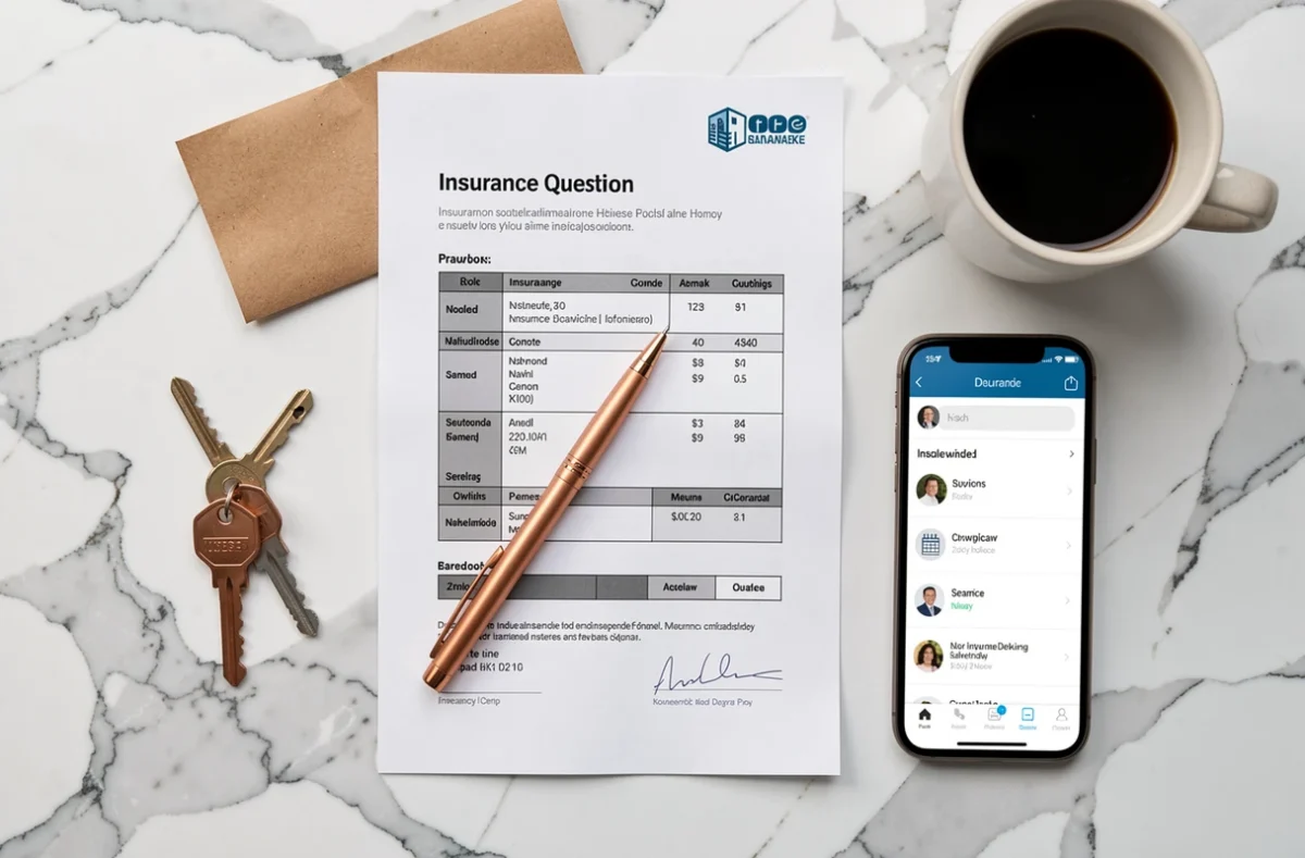 Vue de dessus d'un devis d'assurance habitation imprimé avec un stylo, des clés et un smartphone sur un bureau en marbre