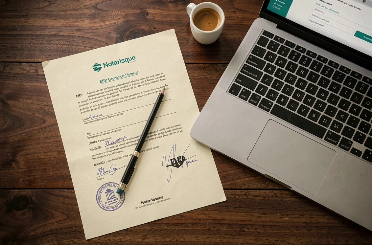 Vue aérienne d'un bureau avec documents ERP imprimés et interface Notarisque sur ordinateur portable