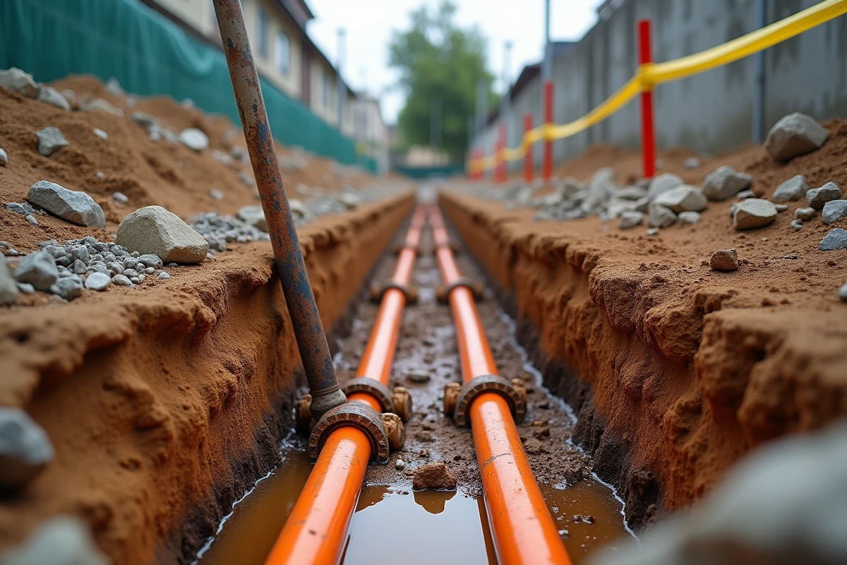 Fouille de chantier révélant des canalisations anciennes et nouvelles, illustrant les pièges techniques des surcoûts de viabilisation