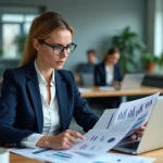 Conseillère financière analysant des documents de gestion des impayés dans un bureau professionnel moderne