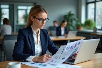 Conseillère financière analysant des documents de gestion des impayés dans un bureau professionnel moderne