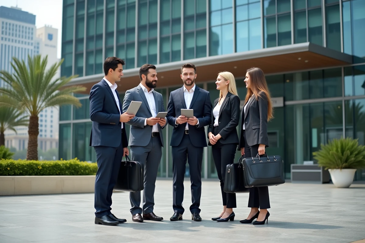 Groupe de professionnels devant Almas Tower à Dubai