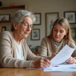 Personne âgée et sa fille adulte examinant des documents juridiques liés à la vente d'une maison, illustration de l'habilitation familiale