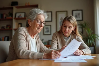 Personne âgée et sa fille adulte examinant des documents juridiques liés à la vente d'une maison, illustration de l'habilitation familiale