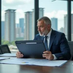 Homme d'affaires en costume bleu examinant des plans