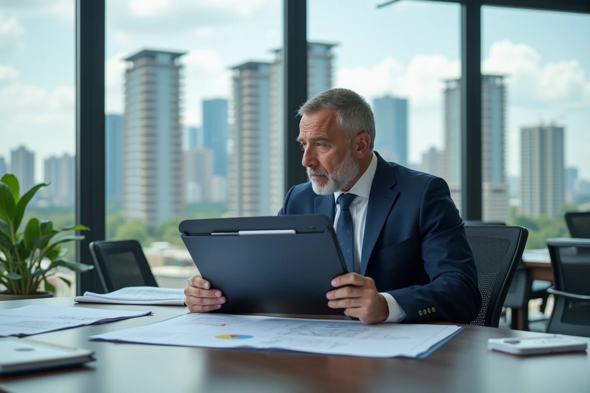 Homme d'affaires en costume bleu examinant des plans
