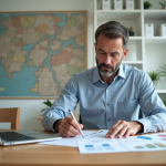 Homme d'affaires en bureau calculant des chiffres immobilier