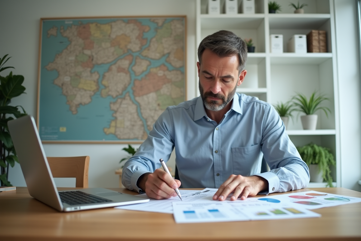 Homme d'affaires en bureau calculant des chiffres immobilier