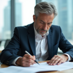 Homme d'affaires examinant des documents immobiliers dans un bureau moderne