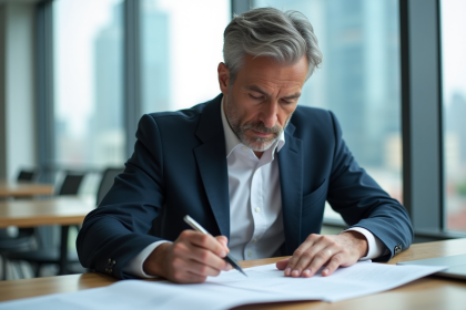 Homme d'affaires examinant des documents immobiliers dans un bureau moderne