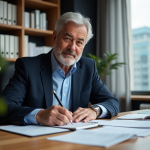 Homme d'affaires en costume bleu travaillant à son bureau