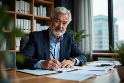 Homme d'affaires en costume bleu travaillant à son bureau