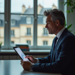 Homme d'affaires en bureau parisien contemplant un graphique