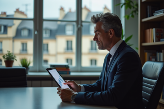 Homme d'affaires en bureau parisien contemplant un graphique