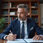 Homme d'affaires en costume bleu analysant un rapport fiscal