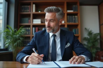 Homme d'affaires en costume bleu analysant un rapport fiscal