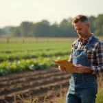 Homme en jeans de travail et chemise à carreaux dans un champ