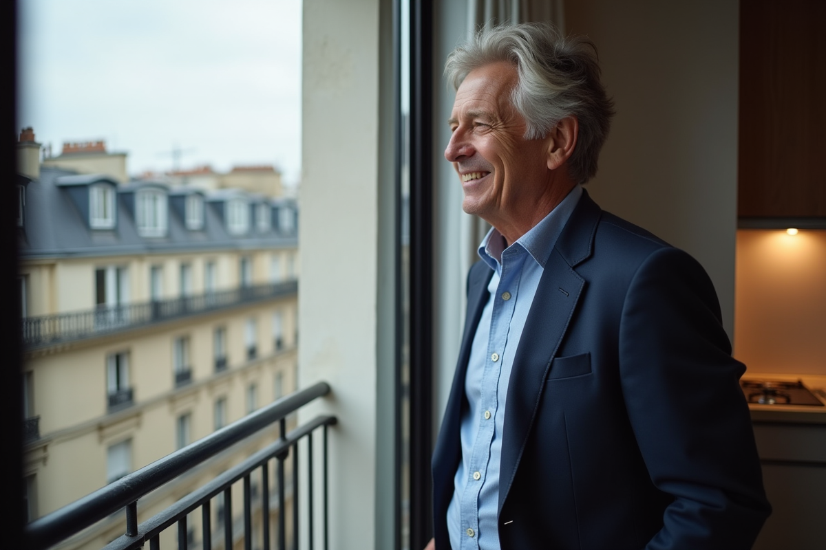 Homme regarde la ville depuis le balcon d’un studio parisien
