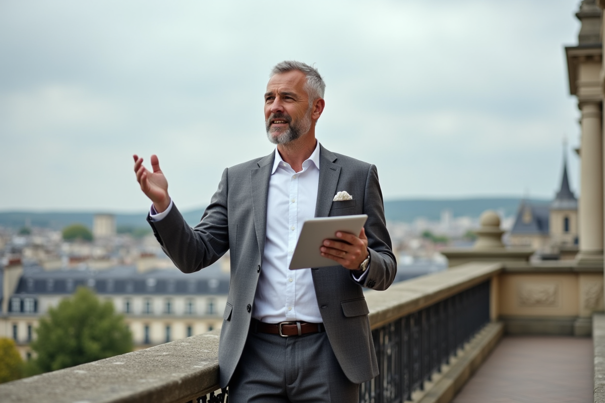 Homme en costume sur balcon avec vue sur ville française