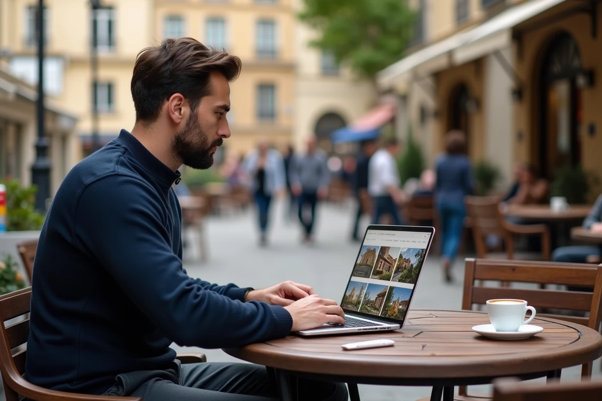 Homme consultant des annonces immobilières en terrasse de café dans un quartier animé de Metz