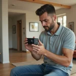 Homme examinant une camera 360 degrés dans un bureau lumineux