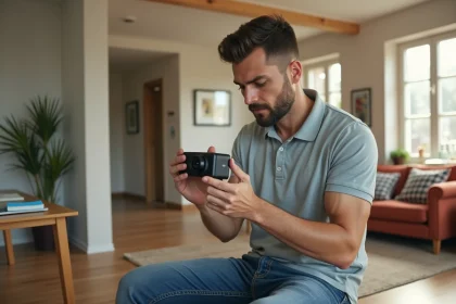 Homme examinant une camera 360 degrés dans un bureau lumineux